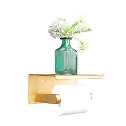NearMoon Toilet Paper Holder with Shelf, Heavy Duty Bath Toilet Roll Holder with Phone Shelf Tissue Hanger for Bathroom/Kitchen No Drill or Wall Mounted(304 Stainless Steel, Brushed Gold)