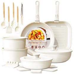 Astercook 23 Pcs Pots and Pans Set Non Stick, Ceramic Cookware Set Detachable Handle, RV Kitchen Cooking Set Removable Handles, Oven Safe, Induction Ready, Stackable Non-stick Set, Cream White