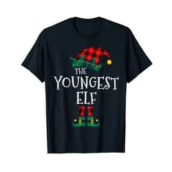 The Xmas Elf Family Pajama Buffalo Plaid Apparel The Youngest Elf Matching Family Group Gift Funny Christmas T-Shirt