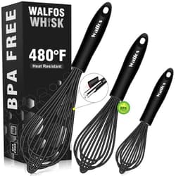 Walfos Silicone Whisk,Stainless Steel Wire Whisk Set of 3 -Heat Resistant 480°F Kitchen Whisks for Non-stick Cookware,Balloon Egg Beater Perfect for Blending,Whisking,Beating,Frothing & Stirring,Black