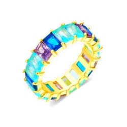 AFFY Eternity Rainbow Ring 18K Gold Plated Emerald-Cut Multi Color AAA Created-Gemstone Rainbow Ring, Stackable Ring, Wedding Band for Women, Gift For Her
