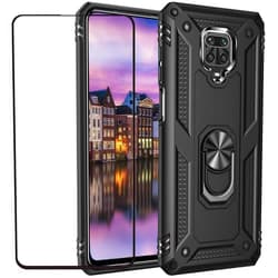 YaHan for Xiaomi Redmi Note 9S/Redmi Note 9 Pro Case,360 Degree Rotating Ring Kickstand Hybrid Heavy Duty Dual Layer Shockproof Defender Hard Back Case with Tempered Glass Screen Protector,Black