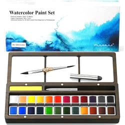 Fuumuui Watercolor Paint Set, 24 Watercolor Paints with Dual Tip Travel Watercolor Brushes Wooden Palette, Art Supplies for Painting, Travel Watercolor Set, Amateur Hobbyists