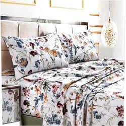 Tribeca Living California King Bed Sheet Set, Soft Cotton Sateen Printed Sheets Floral Print, Extra Deep Pocket, 300 Thread Count, 4-Piece Bedding Sets, Amalfi Deep Red/Multi, (AMAL4PSSCKRE)