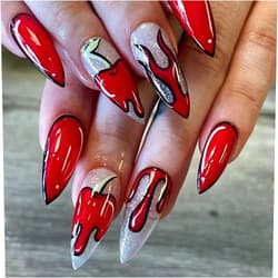 FADOORA Almond Press On Nails Red Medium Long Nails Press Ons Acrylic Press On Nails False Nails with Designs Stick On Nails 24PCS Glue On Nails