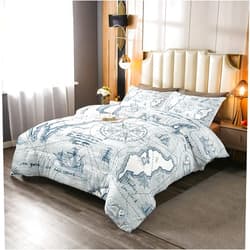 Erosebridal Nautical Down Comforter Queen Size, Teens Vintage Compass Ocean Comforter Set Retro Sailboat Duvet Insert for Kids Boys Adult Men, World Map Route Bedding Comforters for Bedroom, Blue