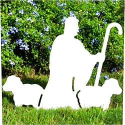 Teak Isle Nativity Shepherd with Sheep. Made in USA, Durable Materials, Simple Assembly, Compact Storage. White. Solid Plastic.