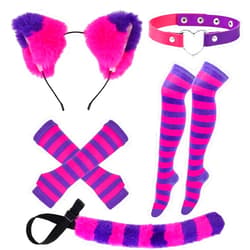 Matiniy Pink Purple Striped Cat Costume Include Cat Ears Furry Tail Striped Socks for Halloween Dress up
