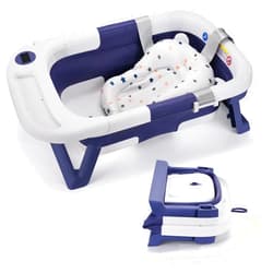 Wwuiuiww Foldable Baby Bath Tub,Newborn Baby Bath Tub with Soft Bath Mat and Real Time Water Temperature Display,Portable Travel Bathtub with Drain Hole toToddler 0-36 Months (Blue)