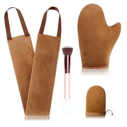 FIRSTPELLA 4 Pcs Self Tanner Mitt Applicator Kit - Self Tanning Mitt Glove,Self Tanner Back Applicator,Mini Face Tanner Mitt,Face Tanner Brush Soft Streak-Free Reusable & Washable for Women Girl Men (Brown)