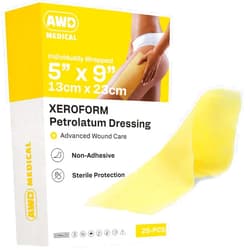 AWD Medical Xeroform Petrolatum Dressing 5x9 - Non-Adhering Gauze Pads - Fine Mesh Gauze Patch Sterile - Healthcare Supplies for Wound Care, Burns, Lacerations, & Skin Grafts Aide (Box of 25, 5