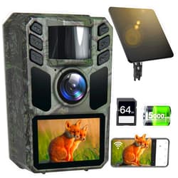 FKPCAM Trail Camera 4K 64MP Solar WiFi Game Hunting Camera with Night Vision– Built-in 5000mAh Battery, IP67 Waterproof, Motion Activated, 64GB Memory Card
