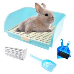 kathson Large Rabbit Litter Box, Pets Toilet Potty Trainer Tray Corner Small Animals Litter Bedding Box Bigger Pet Pan with Grass Mats for Adult Guinea Pig/Chinchilla/Ferret/Rabbit (Blue)