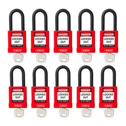 ABUS Red Pack of 10 Lockout Tagout Premium Solid Body Safety Padlock Set - OSHA Compliant Loto Locks Insulated Against Electric Shock, Keyed Different, 1 Key Per Lock