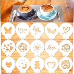 Konsait coffee stencil, 15 Pieces latte art stencils for Coffee Decorations, Magnoloran Foam Barista Templates for Decorating Oatmeal Cupcake Cake Cappuccino Mousse Hot Chocolate Valentines Day Coffee