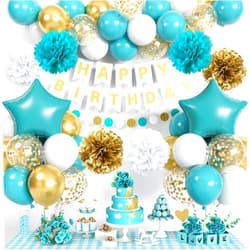 Jobkoo Teal & Gold Birthday Decorations - Turquoise Blue White Gold Balloons, Happy Birthday Banner, Foil Balloons, Aqua Pom Poms for Women & Girls Parties