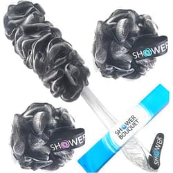 Shower Bouquet Loofah-Charcoal Back-Scrubber & Bath-Sponges by Shower Bouquet: 1 Long-Handle-Back-Brush Plus 2 Extra Large 75g Soft Mesh Poufs, Men & Women - Exfoliate with Full Pure Cleanse in Bathing Accessories