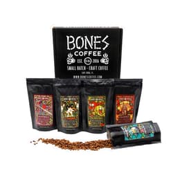 Bones Coffee Company NEW World Tour Sample Pack | Ground Coffee Beans Sampler Gift Box Set | 4 oz Pack of 5 Assorted Single-Origin Gourmet Coffee Gifts | Medium Roast Coffee Beverages (Ground)