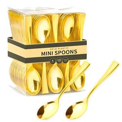 Qeirudu 4 Inch Gold Plastic Mini Spoons, 100 Pack Disposable Dessert Spoons Heavy Duty Small Tasting Spoons for Party Dessert Shooters, Appetizers, Ice Creams, Food Samples, Puddings