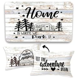 FLDAS Home is Where We Park It Soft Diatom Mud Absorbent Bath Rug 17”x30”,Happy Camper Let The Adventure Begin Reversible Throw Pillow Cover 12”x20”,Set of 1 Pillow Cover 1 Doormat,Campsite RV Decor
