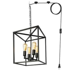 Z ZOSIMIO LIGHT Black Farmhouse Plug in Chandelier with 16.7ft Cord, Industrial Lantern Pendant Hanging Light for Kitchen, Entryway, Hallway, Dinning Room (4-Light)