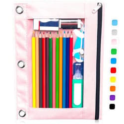 Forvencer Pencil Pouch for 3 Ring Binder, Binder Pencil Case with Smooth Zipper, Clear Window Pencil Case for Binder, Big Capacity 3 Ring Binder Pencil Bag with 3 Reinforced Grommets, Pink
