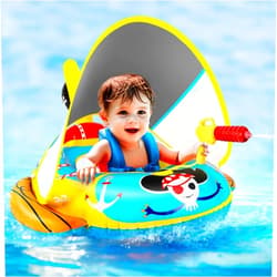 Malocan 2X Thicken Pool Floats Kids with Water Gun, UPF50+ Adjustable Canopy Inflatable Pirate Boat Shaped Toddler Pool Float with Safety Seat, Durable Pool Toys for Kids Ages 2-10 for Boys and Girls
