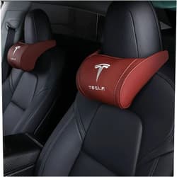 Axdt Compatible with Tesla Neck Pillow Premium Memory Foam Hanging Logo Seat Pillow Car Leather Headrest for Tesla Accessories (tsl-car Brown headrest