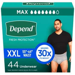 Depend Fresh Protection Adult Diapers, Incontinence Underwear for Men, Disposable, Maximum, Extra-Extra-Large, Grey, 44 Count (2 Packs of 22), Packaging May Vary