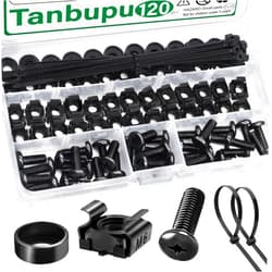 Tanbupu 120Pcs M6 x 16mm Rack Mount Cage Nuts, Screws, Washers and Self-Locking Cable Ties, Black Server Rack Screws and Square Insert Nuts for Rack Mount Server Cabinet, Shelves, Enclosures, Routers