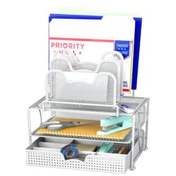 Simple Houseware Mesh Desk Organizer with Sliding Drawer, Double Tray and 5 Stacking Sorter Sections, Silver