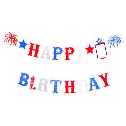 Photken Red White Blue Glitter Patriotic Happy Birthday Banner - American Themed Hanging Paper Garland Bunting Banner with Fireworks and Stars Decorations, 4th of July Photo Backdrop for Wall Mantle Office