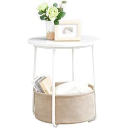 VASAGLE End Table, Small Bedside Table with Fabric Basket, Modern Nightstand, Round Side Table, for Living Room, Bedroom, Matte White and Camel Brown ULET223W10