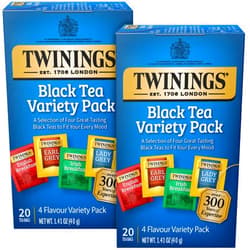Twinings Black Tea Variety 2-Pack with Earl Grey Tea, English Breakfast Tea, Irish Breakfast Tea, and Lady Grey Tea Bags, Individually Wrapped, 20 Count Ea