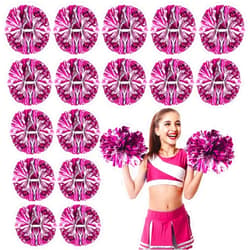 Yunsailing 50 Pack Cheerleading Pom Poms with Handle Bulk Metallic Foil Plastic Fun Pom Poms for Dance, Matches, Squad Team Spirit Sports, Stage Performance, Carnival Celebration(Rose Red and Silver)