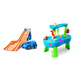 Step2 Hot Wheels Extreme Thrill Coaster Ride On & Rain Showers Splash Pond Water Table | Kids Water Play Table with 13-Pc Accessory Set