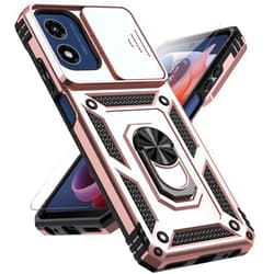 PUSHIMEI for Motorola Moto G 5G 2024 Case with Slide Camera Cover HD Screen Protector [Military Grade Drop Tested] Magnetic Ring Holder Kickstand Protective Phone Case for Motorola Moto G 5G 2024, Rose Gold