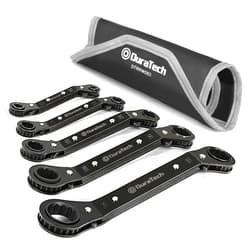 DURATECH 5 Pc Double Offset Box End Reversible Ratcheting Wrench Set, SAE, Heavy-duty, Matte Chrome Plated, Ratchet Spanner Crooked for Narrow Spaces (1/4-7/8 inch)