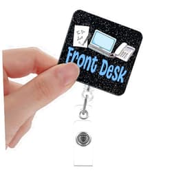 Xipromi Front Desk Badge Reels Retractable Glitter with Clip, Funny Badge Holder for ER Registration Front Desk Receptionist Secretary, Hospitality Worker Gift, Front Desk Appreciation Gift