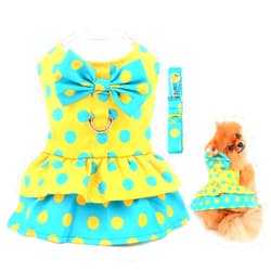 SMALLLEE_LUCKY_STORE Dog Harness Dress with Leash Set,Puppy Bow Princess Dress for Small Medium Dog Cat Girls Puppy Dress with D-Ring Female Dog Clothes Summer Pet Apparel,Yellow Retro Polka Dots,S