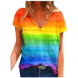 Ruziyoog Women Casual Loose Short Sleeve Tshirts Summer Tie Dye Rainbow Gradient Tee Tops V Neck Vintage Print Comfy Blouse