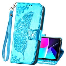 HAOTP for Moto G Stylus 4G 2023 Case,PU Leather Wallet Flip Protective Phone Case with Wrist Strap Card Slots Holder Pocket Emboss Butterfly Flower Stand Case for Motorola Moto G Stylus 4G 2023 Blue
