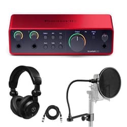 Focusrite Scarlett 2i2 4th Gen USB Interface with Software Suite, Bundle with Closed Baco Studio Headphones and 15' XLR Microphone Cable, Pop Filter with Gooseneck (4 Items)