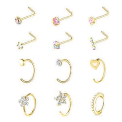 AccGin 12PCS 20G 18G Nose Piercing Kit Nose Rings Hoops Surgical Steel L Shape Nose Studs for Nose Rings for Women Silver Gold Nose Piercing Jewelry