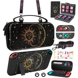 Gurgitat 9in1 Sun Moon Witchy Switch Case for Nintendo Switch Carrying Cases & Storage Accessories Bundle Kit Thumb Grip+Game Holder+Dockable Skin+Shoulder Strap+Sticker for Switch Travel Pouch Bag