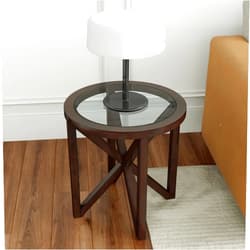 Holaki Modern Black Tempered Glass Side Table,Round End Table with Tempered Glass Top and Solid Wood Base.Simple & Modern Round Table,Small Glass Tea Table for Living Room,Apartment,22.13In(Cherry)