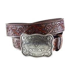 ARIAT Men's Floral Embossed Leather Belt with Antiqued Silver Cowboy Buckle