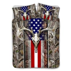 SEANATIVE Quilts Cover Gray Comforter Covers with Pillow Case for Boys Mens American Flag Wood Deer Skull Camo Bedding Set Dormroom Beige Lining King Size 104x88inches