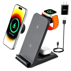 Eazpower Wireless Charger for Thick Cases of 10MM/Otterbox/Popsocket Compatible, 3 in 1 Charging Dock for iPhone 16 15 14 13 12 Pro Max, Charging Station for Multiple Devices for Apple Watch/AirPods