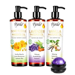 Pjordo 3 Pack Massage Oil for Massage Therapy, Vanilla Oil, Sore Muscle Arnica Oil, Lavender Massage Oil for Skin, Massage Roller Ball, Relaxing Massage Kit, Spa Gift Set for Him Her